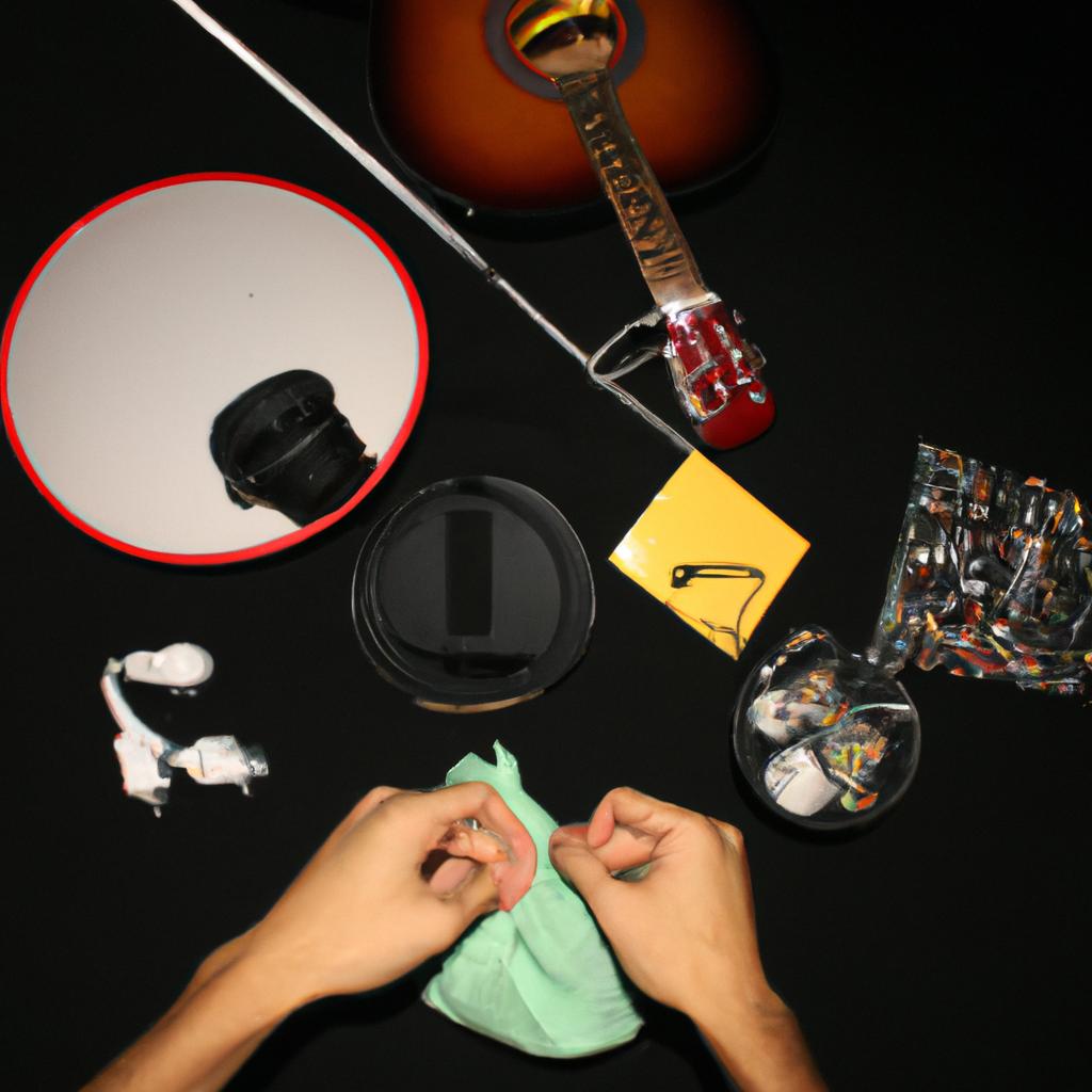 Person arranging music photography props